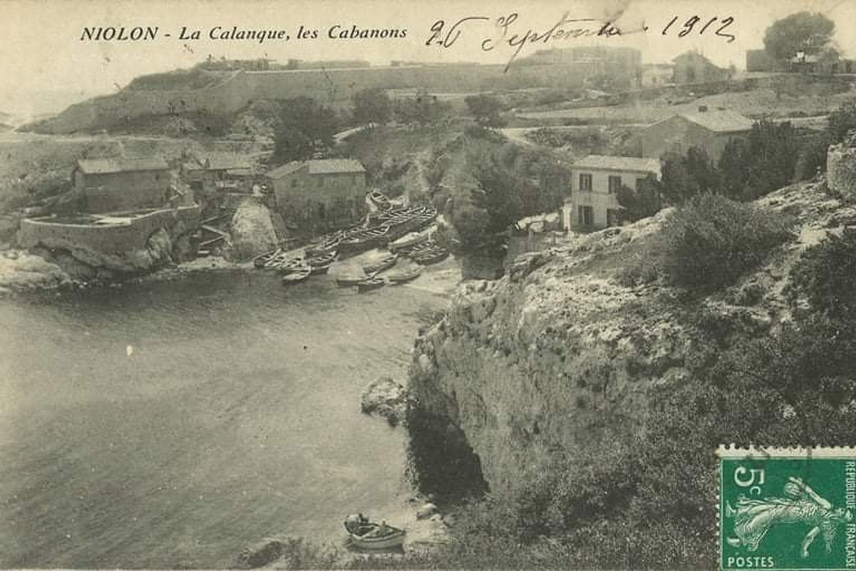 Carte postale de la calanque de Niolon et ses cabanons, 26 septembre 1912